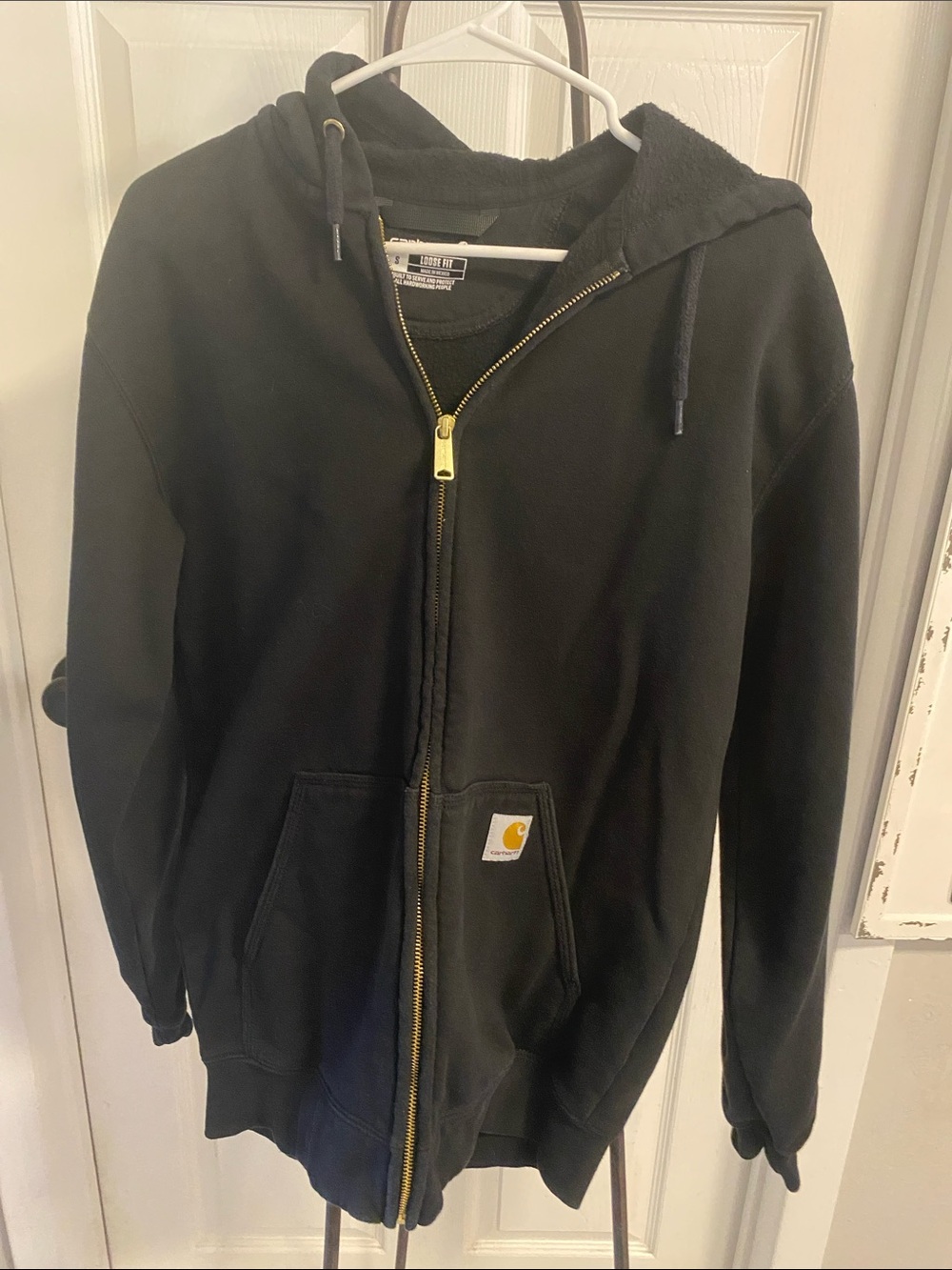 Carhartt Black Hooded Zip Sweatshirt with Gold Zipper size S loose fit